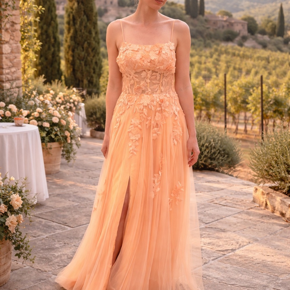 Elegant Peach Floral Appliqué Evening Dress